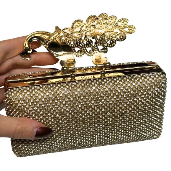 Gold Rhinestone Evening Clutch Peacock Clasp Elegant Formal Purse NWT - Picture 10 of 16